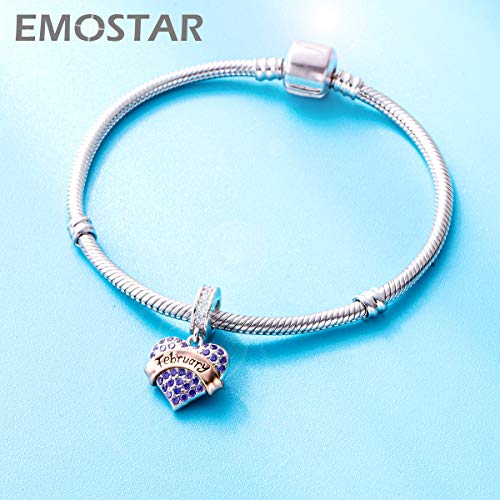 EMOSTAR Jan-Dec Birthstone Charms fits European Birthday Bracelet, Dangle 925 Sterling Silver Heart Shaped Pendant with 12 Months Birthstones, Gifts for Mom/Women - color: February Birthstone