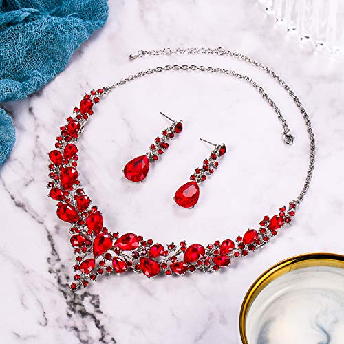 Women's Wedding Statement Necklace Dangle Earring Jewelry | Austrian Crystal Teardrop Cluster,Necklaces Earrings Set for Bride Bridesmaid,Prom Accessories - color: 03-Ruby Color Silver-Tone