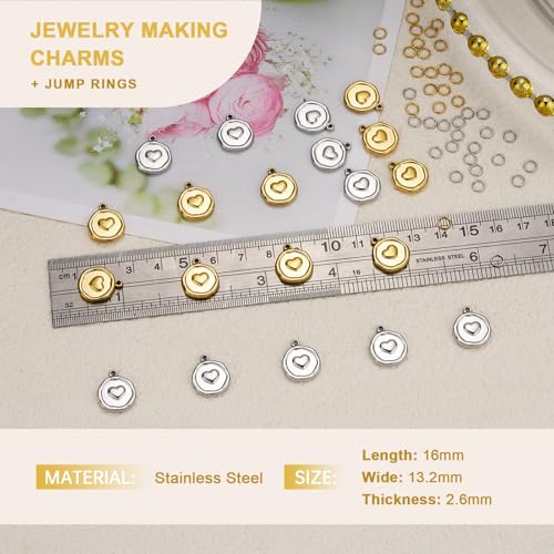 Heart Charms for Jewelry Making Stainless Steel Round Bulk Charm Pendant 2 Colors Charms with Jump Rings - color: Heart Gold Silver