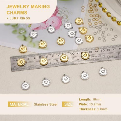 Heart Charms for Jewelry Making Stainless Steel Round Bulk Charm Pendant 2 Colors Charms with Jump Rings - color: Heart Gold Silver