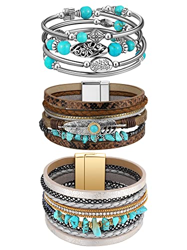 Inbagi 3 Pcs Bohemian Bracelet for Women Cowboy Chic Faux Leather Cuff Bracelet Multi Layer Western Jewelry Crystal Wristbands (Cool) - style: Cool