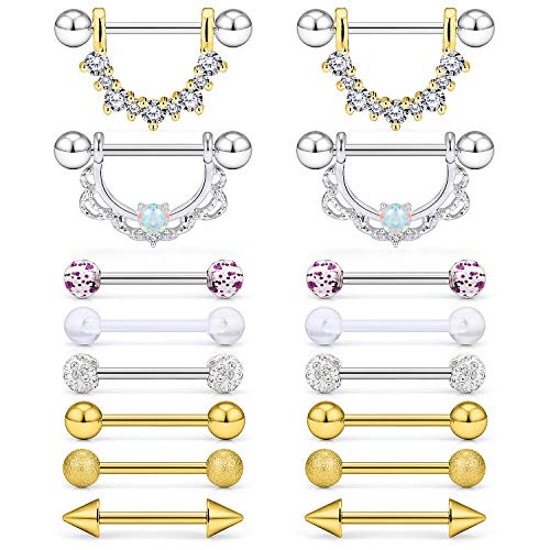 SCERRING 8 Pairs 14G Stainless Steel Clear CZ Nipple Ring Tongue Straight Barbell Rings Bars Retainer Body Piercing Jewelry for Women Men 9/16Inch - color: 8 Pairs - Gold CZ