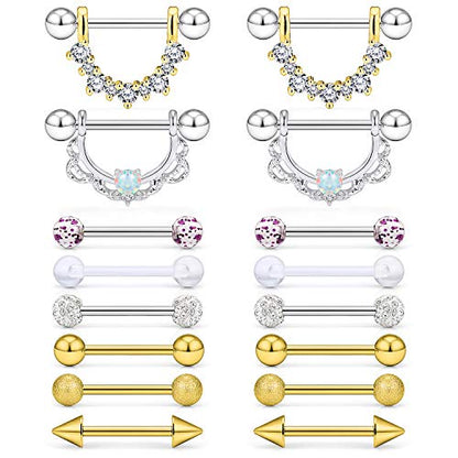 SCERRING 8 Pairs 14G Stainless Steel Clear CZ Nipple Ring Tongue Straight Barbell Rings Bars Retainer Body Piercing Jewelry for Women Men 9/16Inch - color: 8 Pairs - Gold CZ