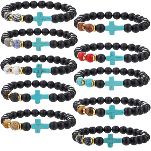 Beaded Bracelets Cross Bracelet for Women Men Lava Rock Turquoise Tiger Eye Natural Bracelet Anxiety Healing - color: 10 Pcs- Z (green cross)