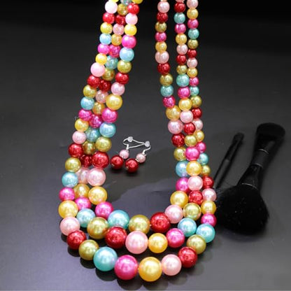 Chunky Layered Imitation Pearl Necklace for Women 3 strand Pearl Necklaces Faux Pearl Necklace Earrings Set 1920s Flapper Gatsby Costume Accessories - color: Colorful Delight