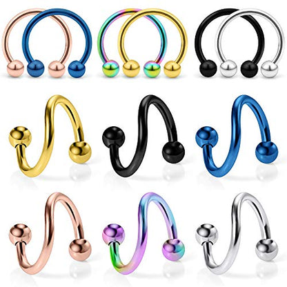 16G Spiral Lip Rings Hoops 316L Surgical Steel Cartilage Helix Tragus Earring Lip Eyebrow Labret Septum Smiley Rings Hoop Piercing Jewelry 8mm 10mm - color: D:10MM-Mix color