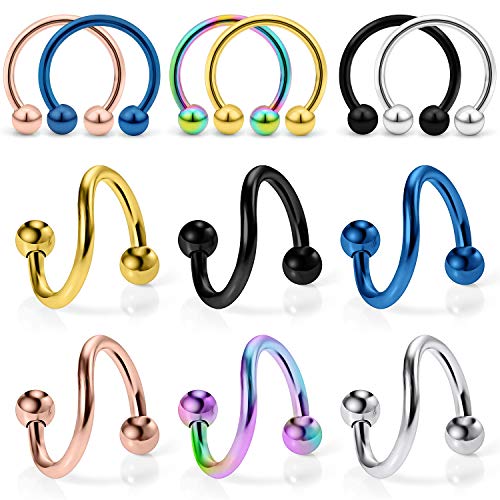 16G Spiral Lip Rings Hoops 316L Surgical Steel Cartilage Helix Tragus Earring Lip Eyebrow Labret Septum Smiley Rings Hoop Piercing Jewelry 8mm 10mm - color: B:8MM-Mix color