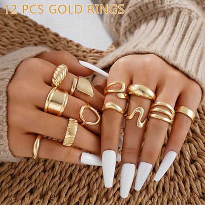 17 MILE Chunky Gold Stackable Rings for Women Non Tarnish, 18K Gold-Plated Statement Open Stacking Rings, Knuckle Band Ring Set - color: 12 Pcs Gold