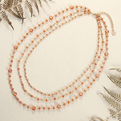 Firstmeet Long Chain Multi Layer Fashion Glass Beads Handmade Necklace for Women - color: Mock Orange