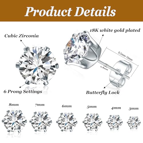 6 Pairs Cubic Zirconia Stud Earrings for Women/Men - Round Cut 4 Prong Settings 18K Gold Plated Hypoallergenic 3-8mm Clear Earrings Set - color: 3-8mm White Gold - Round 6 Prong