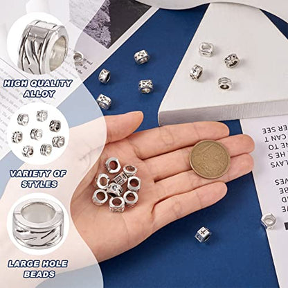 Craftdady 80Pcs Tibetan Alloy Rondelle Column Beads 8 Styles Large Hole Retreo Metal Flat Round European Beads for Jewelry Crafts Making, Hole: 5-6mm - color: Antique Silver, Rondelle Column