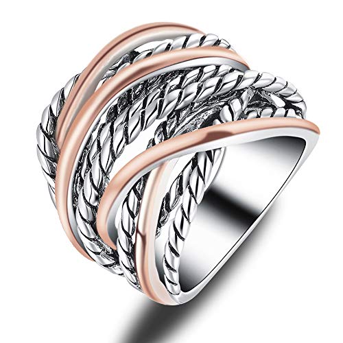 Mytys Wide Band Rings Twisted Rope Ring Two-Tone Mixed Metal Braided Statement Rings Fashion Jewelry for Women - color: Rose gold and silver