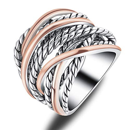 Mytys Wide Band Rings Twisted Rope Ring Two-Tone Mixed Metal Braided Statement Rings Fashion Jewelry for Women - color: Rose gold and silver