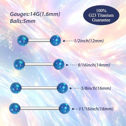 FUNLMO 1 Pair Nipple Piercing Jewelry Titanium Nipple Rings Internally Threaded Tongue Rings Bridge Piercing Jewelry Opal Nipple Barbells - color: Silver, Blue Opal Ball