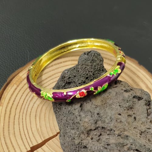 Cloisonne Bracelet For Women, Chunky Bangle Trendy Cute Flower Enamel Bangles Multi Tone Engraved Cuff Gold Plated Bracelets Stackable Wife Jewelry Friendship Gift - color: Dark Purple