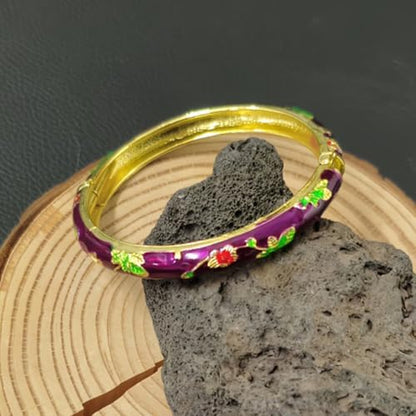 Cloisonne Bracelet For Women, Chunky Bangle Trendy Cute Flower Enamel Bangles Multi Tone Engraved Cuff Gold Plated Bracelets Stackable Wife Jewelry Friendship Gift - color: Dark Purple