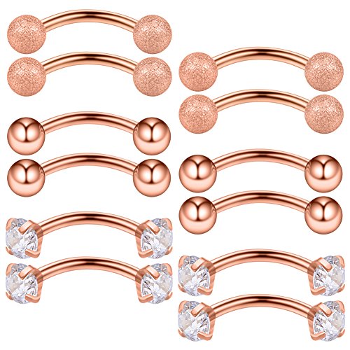 Ruifan 12PCS 16G 3/8Inch Clear Cubic Zirconia & Ball Curved Barbell Eyebrow Belly Lip Tragus Ring Piercing Jewelry 10mm - color: 12PCS - Rose Gold