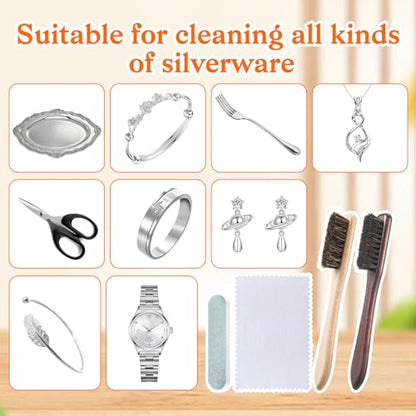 4 Pcs Horsehair Silver Cleaning Brush Set with Polishing Cloth and Polishing File, for Silverware Plateware Jewelry Cleaner