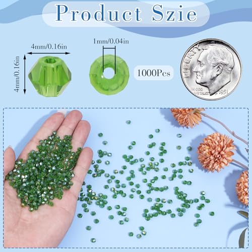 1000Pcs 4mm Faceted Crystal Glass Bicone Beads Loose Bead for DIY Bracelet Necklace Earring Keychain Jewelry Making,Grass Green AB - color: Grass green AB