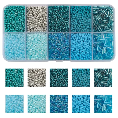 5000pcs Glass Seed Tube Bugle Beads for DIY Jewelry Making | 12/0 Waist Beads Kit, Lake Blue Embroidery Beads, 2mm Small Tiny Beads for Bracelets Necklaces Earrings, 10 Colors - color: Lake Blue