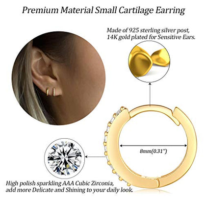 Silver Hoop Earrings for Women, 3 Pairs Small Sterling Silver Huggie Earrings | Tiny Cubic Zirconia Cartilage Cuff Earrings Hoop Piercing Jewellery for Men Teens (8mm/10mm/12mm) - color: 3 Pairs(8mm*3)-Silver/Gold/Rose gold
