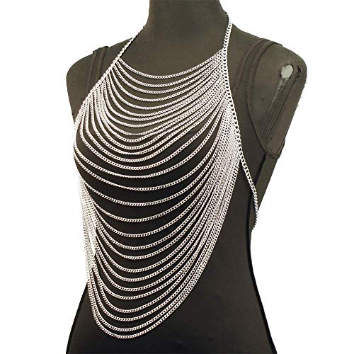 CHRAN Multi-Layer Body Chain Necklace, Gold Metal Chain Halter Top Jewelry, Sexy Chest Chain Accessory for Women - color: silver