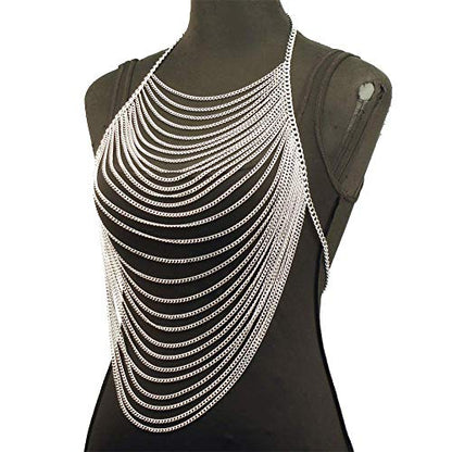 CHRAN Multi-Layer Body Chain Necklace, Gold Metal Chain Halter Top Jewelry, Sexy Chest Chain Accessory for Women - color: silver