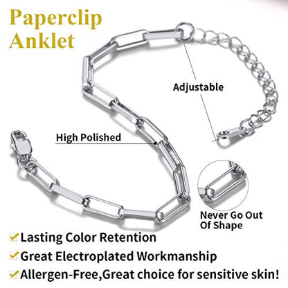 ChainsHouse Stainless Steel Herringbone Flat Chain Bracelets for Women,18K Gold/Rose Gold/Black Metal Paperclip/Snake/Cuban/Figaro Sterling Silver Link Charm Bracelet, 16+5cm Adjustable, With Gift Box - color: a. paperclip-platinum(hot!!!)