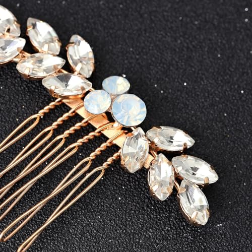 Foyte Bride Wedding Hair Comb Crystal Small Hair Piece Rhinestone Bridal Hair Side Comb Opal Gold Hair Accessories for Women and Brides