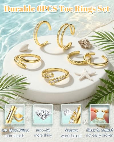 Besteel 6 PCS Toe Rings for Women - 14K Gold Filled Non Tarnish Waterproof | Adjustable Silver Toe Ring Simple Open Band Hug CZ Chunky Flower Toe Rings Set Trendy Summer Beach Foot Jewelry for Women - style: Gold: hug&cz toe ring