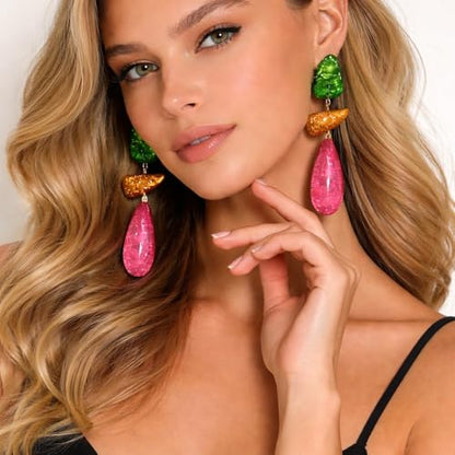 Colorful Statement Drop Earrings for Women, Glitter Resin Dangle Earrings, Layered Teardrop Party Earrings, Bold Trendy Fashion Jewelry