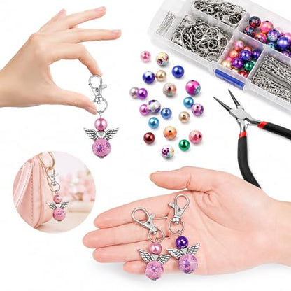 Metacipher 180Pcs DIY Angel Keychain Making Kit with Beads & Pliers | Angel Wing Spacers,Floral Beads,Lobster Clasps,DIY Bag Charm, Jewelry Making Supplies,Party Favor,Crafts for Women - color: Love Wings