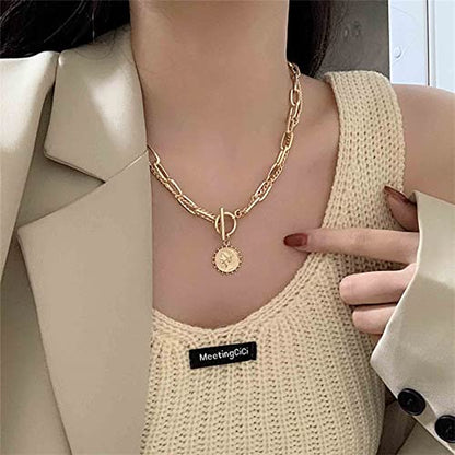 Punk Layered Toggle Necklace Choker Gold Paperclip Chain Necklace Toggle Bar Clasp Necklace Vintage Coin Disc Pendant Necklace Chain Jewelry for Women Gift