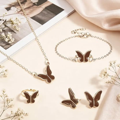 Butterfly Jewelry Set, Including Butterfly Necklace, Bracelet, Stud Earrings, and Adjustable Ring for Women - color: Brown