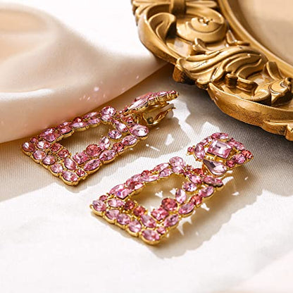 Flyonce Rectangle Clip-on Drop Earrings for Women, Sparkly Rhinestone Crystal Geometric Statement Non Pierced Earring Wedding Prom Party Jewelry for Brides Bridesmaid - color: Gold-Tone_Pink