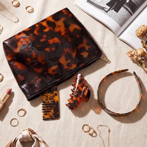 Thiccywoov 4 Pcs Tortoise Shell Makeup Bag with Hair Accessories Set for Women, Travel Cosmetic Pouch, Wide Headband, Large Claw Clip, Wide Tooth Comb, Retro Hair Styling Gift Set