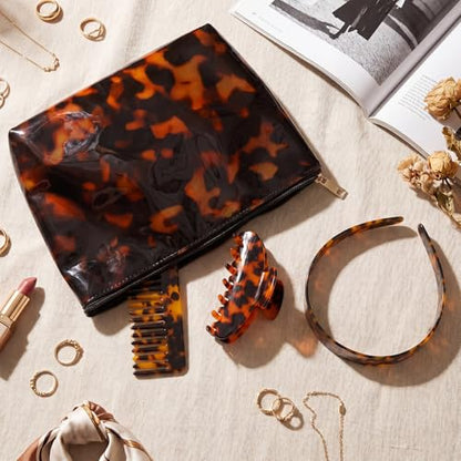 Thiccywoov 4 Pcs Tortoise Shell Makeup Bag with Hair Accessories Set for Women, Travel Cosmetic Pouch, Wide Headband, Large Claw Clip, Wide Tooth Comb, Retro Hair Styling Gift Set