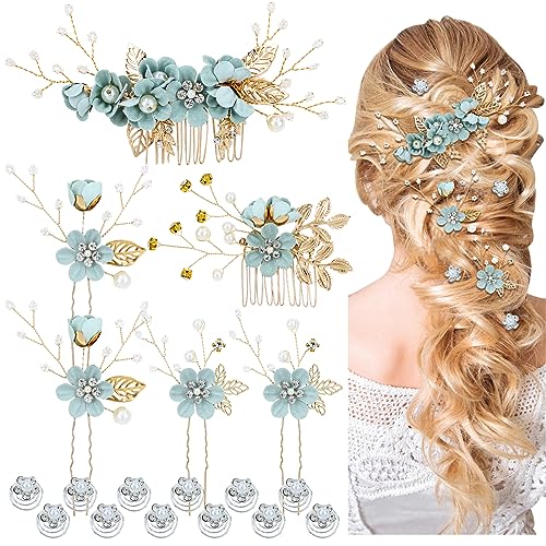 Cinaci 18 Pieces Bridal Wedding Party Prom Pearl Rhinestone Light Green Flower Hair Side Combs Slides+U-shaped Flower Hair Pins+Twist Spiral Hairpins Floral Headpieces for Brides Bridesmaids Women Gir - color: Light Green