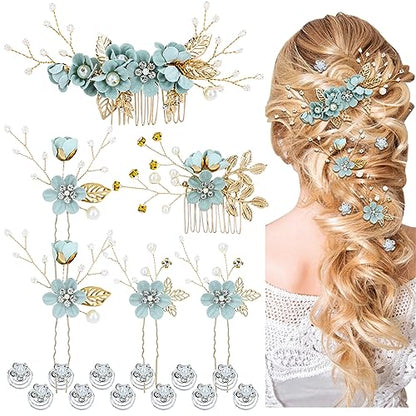Cinaci 18 Pieces Bridal Wedding Party Prom Pearl Rhinestone Light Green Flower Hair Side Combs Slides+U-shaped Flower Hair Pins+Twist Spiral Hairpins Floral Headpieces for Brides Bridesmaids Women Gir - color: Light Green