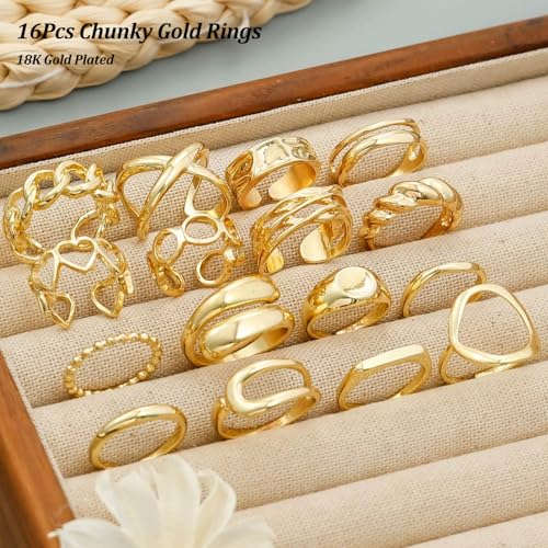 Chunky Stackable Rings Set for Women Non Tarnish Adjustable Open Stacking Knuckle Ring Chunky Joint Finger Midi Rings Pack Dainty Simple Statement Jewelry - style: B-16pcs