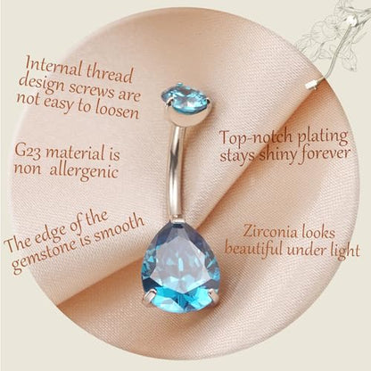 AROWRO Gold Belly Button Ring G23 Titanium Hypoallergenic 14G belly ring for Women Men Teardrop Navel Piercing Jewelry 10mm Barbell With Cubic Zircon - color: Silver+Teardrop Blue CZ