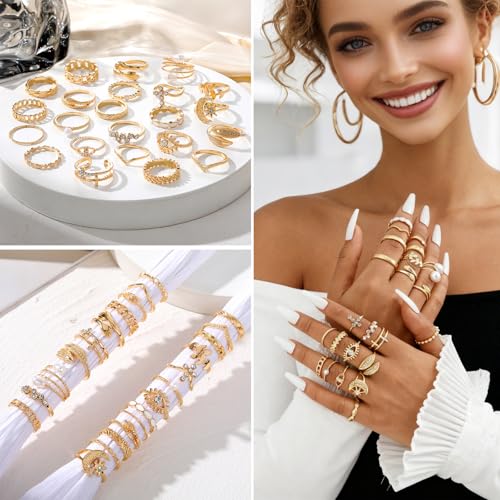 CHICUTIE Gold Knuckle Rings Set For Women Stackable Joint Finger Midi Rings Dainty Cubic Crystal Zirconia Simple Hollow Twist Cute Rings Pack Jewelry Gift - style: 52pcs Gold