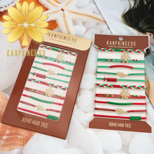 KANPRINCESS 10pcs Christmas Boho Hair Ties - 5 Styles | Elastic Hair Bands & Bracelets for Women's Thick or Thin Hair - No Damage - Christmas Gift For Girls Teens Women - color: Set19