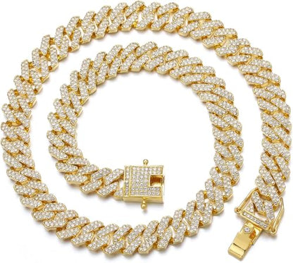 Mens and Womens Miami Cuban Link Chain Necklace 12mm Diamond Prong Cuban Chain 18/20/24inch Length Hip Hop Jewely - color: Gold, size: 20 inch