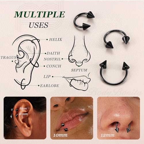 G23 Titanium 14/16/18/20G Septum Rings Horseshoe Nose Ring Jewelry | 2/3Pcs Circular Barbell Spike Lip Body Piercing Jewelry Conch Helix Tragus Earring Silver/Black 8/10/12mm 14K Gold Plated - color: Black-3pcs, size: Spike-3pcs-18g-8/10/12mm