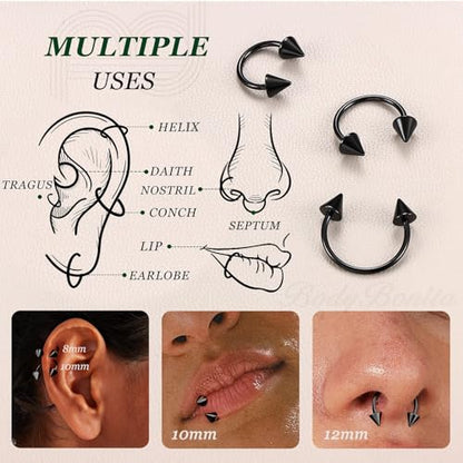 G23 Titanium 14/16/18/20G Septum Rings Horseshoe Nose Ring Jewelry | 2/3Pcs Circular Barbell Spike Lip Body Piercing Jewelry Conch Helix Tragus Earring Silver/Black 8/10/12mm 14K Gold Plated - color: Black-3pcs, size: Spike-3pcs-18g-8/10/12mm