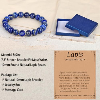 LPBeads Handmade Natural Gemstone Stretch Elastic Bracelet Healing Crystal Round Stone Beads Jewelry Gifts for Women Men - color: Lapis Lazuli, size: 10mm