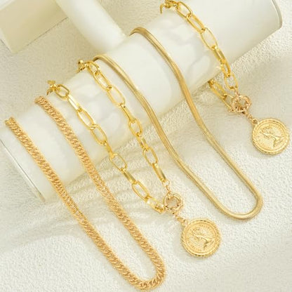 4 Pcs Gold Jewelry Set for Women with 3 Necklace, 1 Bracelet Elegant Sophisticated Style Versatile Piece Gold Plated Necklaces Bracelets