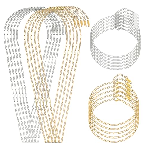 Swyabi 20 PCS Paperclip Necklace Bracelet Chains Bulk for Jewelry Making | 18K Stainless Steel, Gold Plated, Silver, with Extender, No Fade, No Rust, Adjustable, for Men Women DIY - color: 3x7.5mm Gold Silver