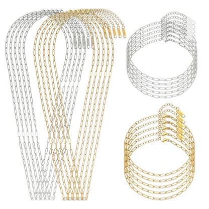 Swyabi 20 PCS Paperclip Necklace Bracelet Chains Bulk for Jewelry Making | 18K Stainless Steel, Gold Plated, Silver, with Extender, No Fade, No Rust, Adjustable, for Men Women DIY - color: 3x7.5mm Gold Silver